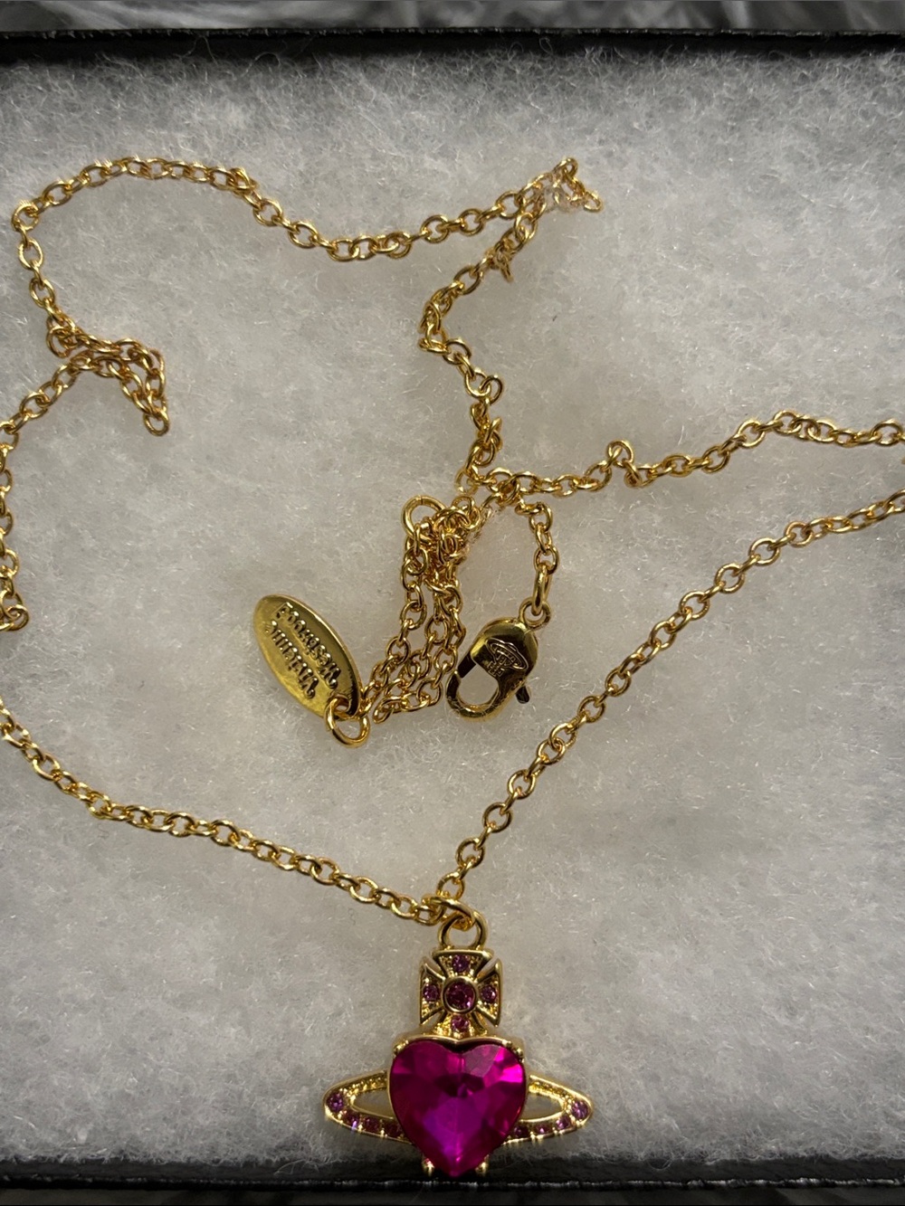 Vivienne Westwood Gold Necklace with Hot Pink Heart Pendant and Accent Stones